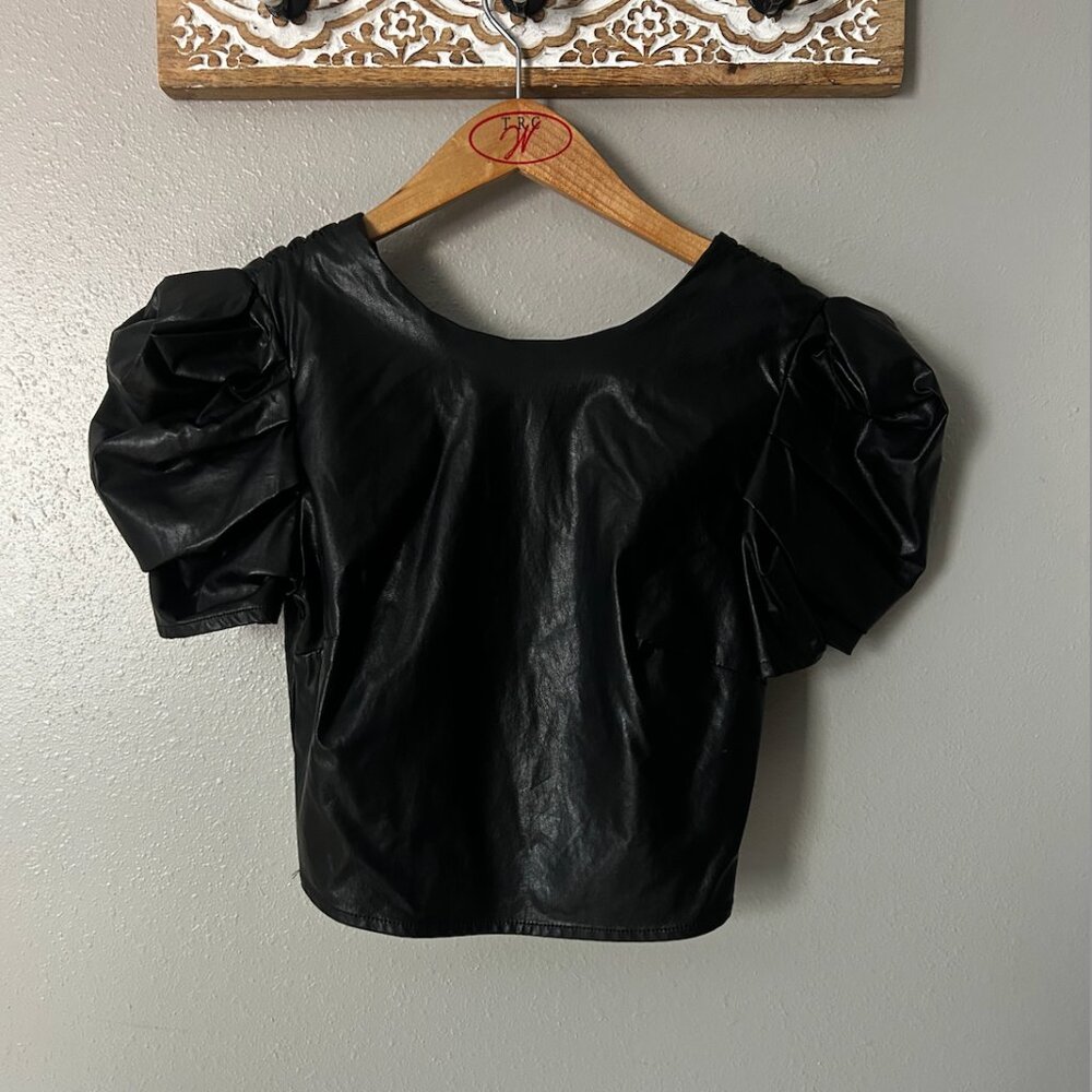 TCEC - Faux Leather Black Blouse with Juliet Sleeve